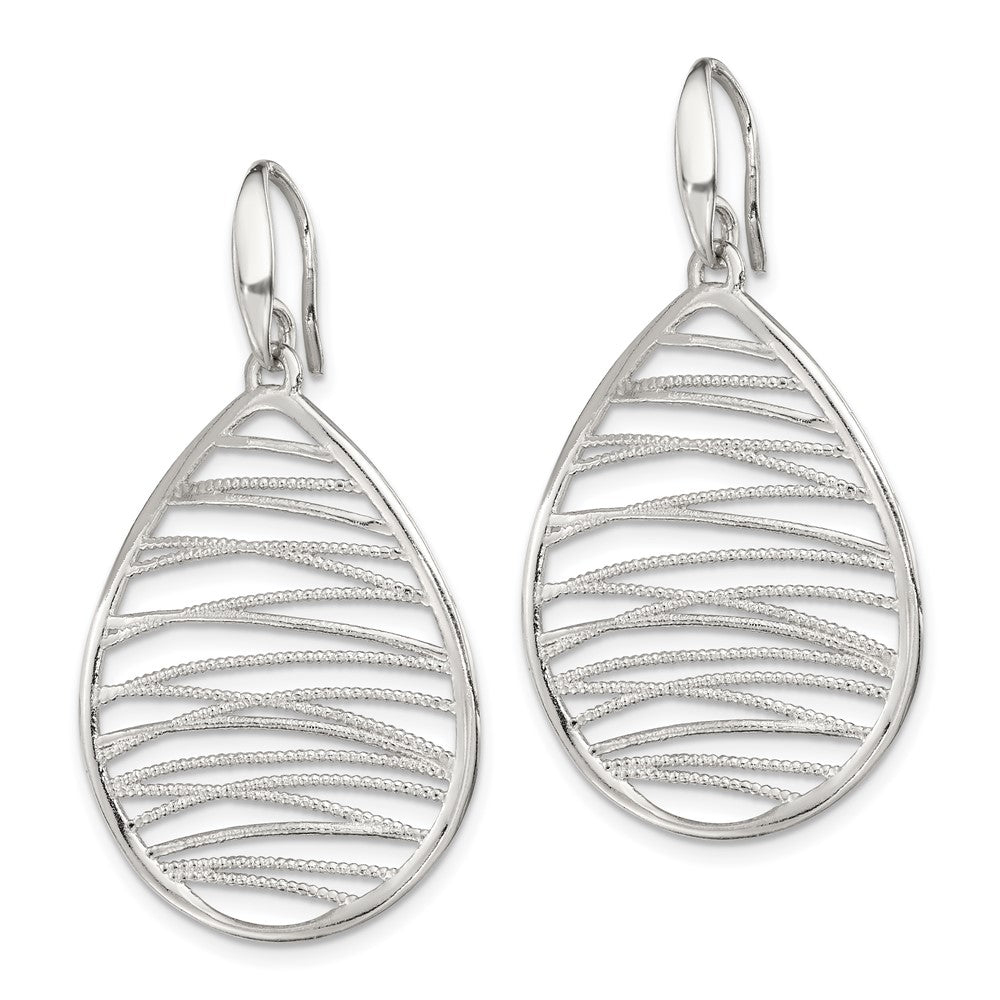 QE11425 Sterling Silver Rhod-pltd Polished/Textured Teardrop Dangle Earrings