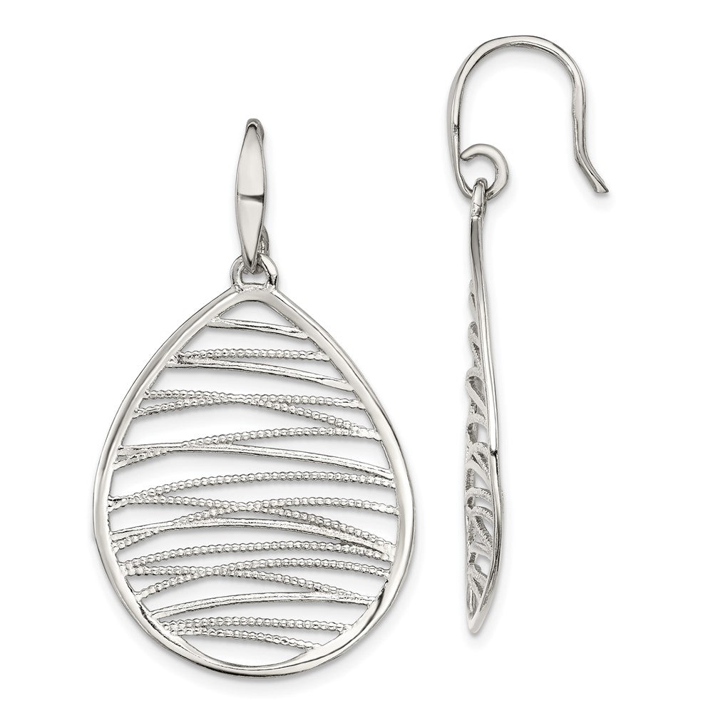 QE11425 Sterling Silver Rhod-pltd Polished/Textured Teardrop Dangle Earrings