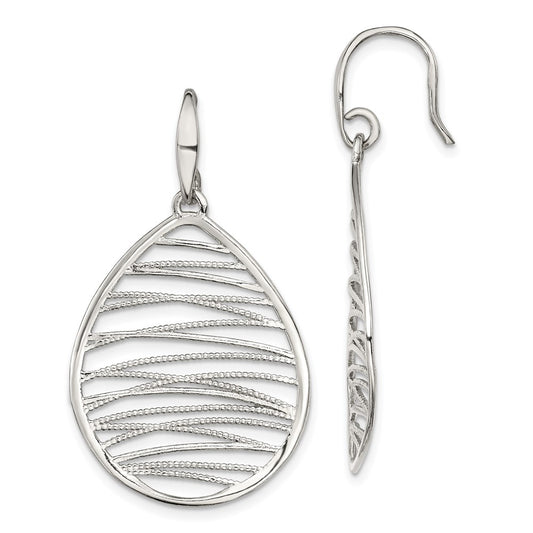 QE11425 Sterling Silver Rhod-pltd Polished/Textured Teardrop Dangle Earrings