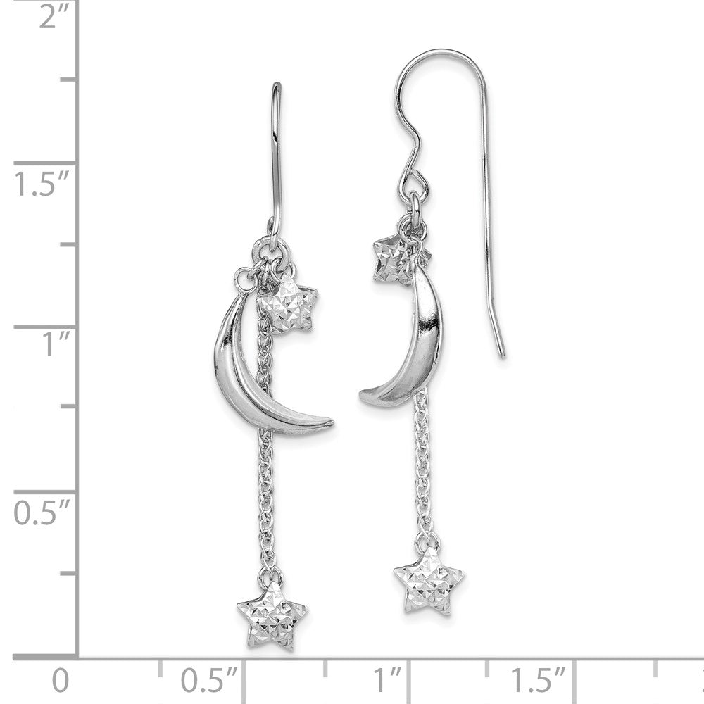 QE11463 Sterling Silver Rhodium-plated D/C Puffed Star and Moon Earrings