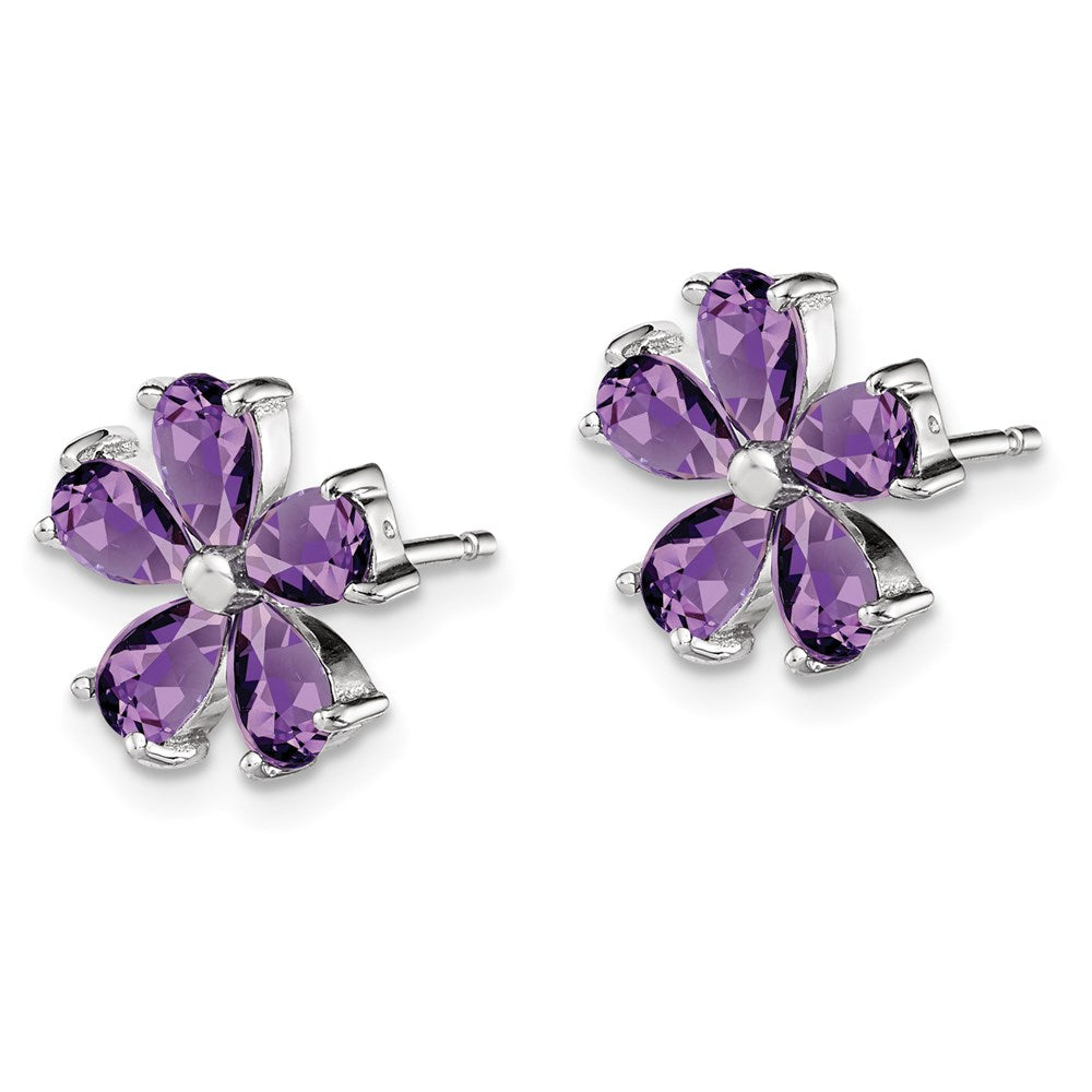 QE1148 Sterling Silver Rhodium Plated Amethyst Floral Earrings