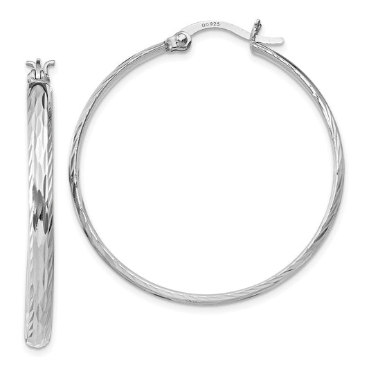 QE11490 Sterling Silver Rhodium-plated 2.5mm Textured Round Hoops