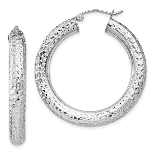 QE11493 Sterling Silver Rhodium-plated Diamond Cut 4.75mm Hoop Earrings