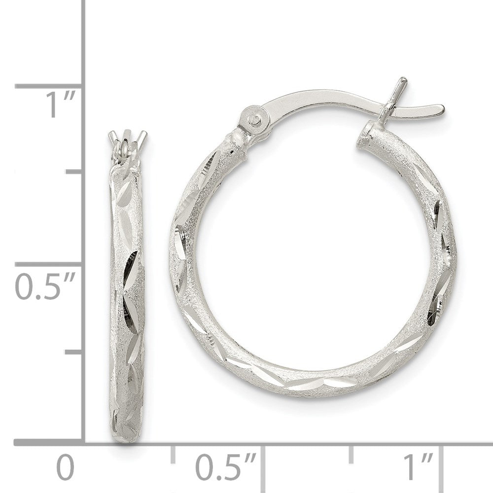 QE11494 Sterling Silver Satin Diamond-cut 2x20mm Hoop Earrings