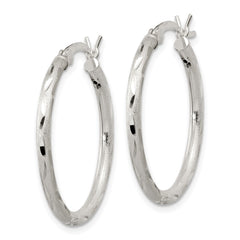 QE11495 Sterling Silver Satin Diamond-cut 2x25mm Hoop Earrings