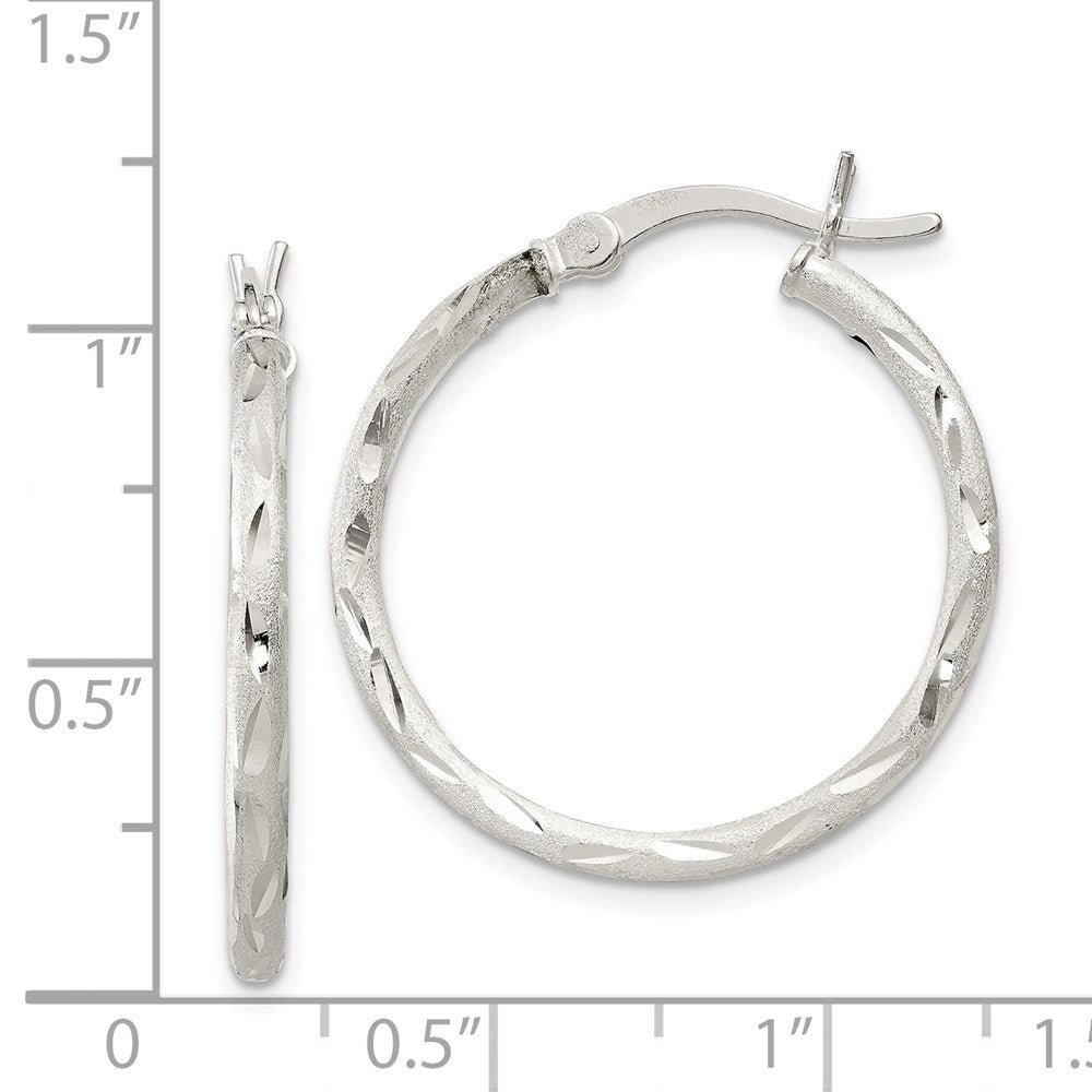 QE11495 Sterling Silver Satin Diamond-cut 2x25mm Hoop Earrings