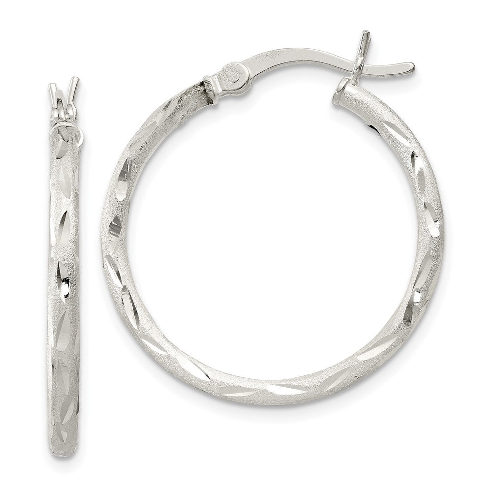 QE11495 Sterling Silver Satin Diamond-cut 2x25mm Hoop Earrings