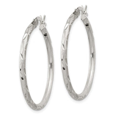 QE11496 Sterling Silver Satin Diamond-cut 2x31mm Hoop Earrings