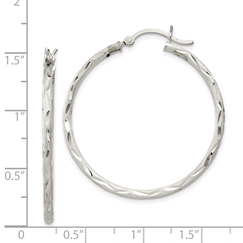 QE11497 Sterling Silver Satin Diamond-cut 2x35mm Hoop Earrings