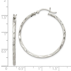 QE11497 Sterling Silver Satin Diamond-cut 2x35mm Hoop Earrings