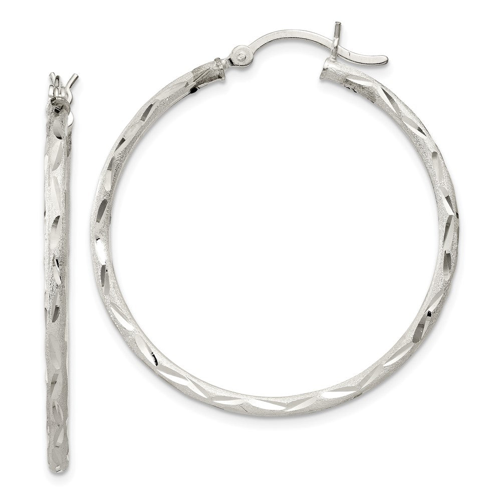 QE11497 Sterling Silver Satin Diamond-cut 2x35mm Hoop Earrings