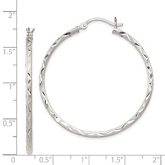 QE11498 Sterling Silver Satin Diamond-cut 2x40mm Hoop Earrings