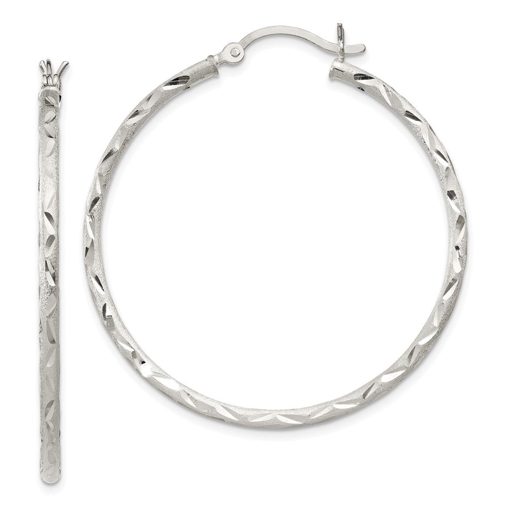 QE11498 Sterling Silver Satin Diamond-cut 2x40mm Hoop Earrings