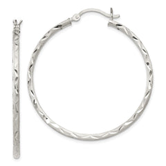 QE11498 Sterling Silver Satin Diamond-cut 2x40mm Hoop Earrings