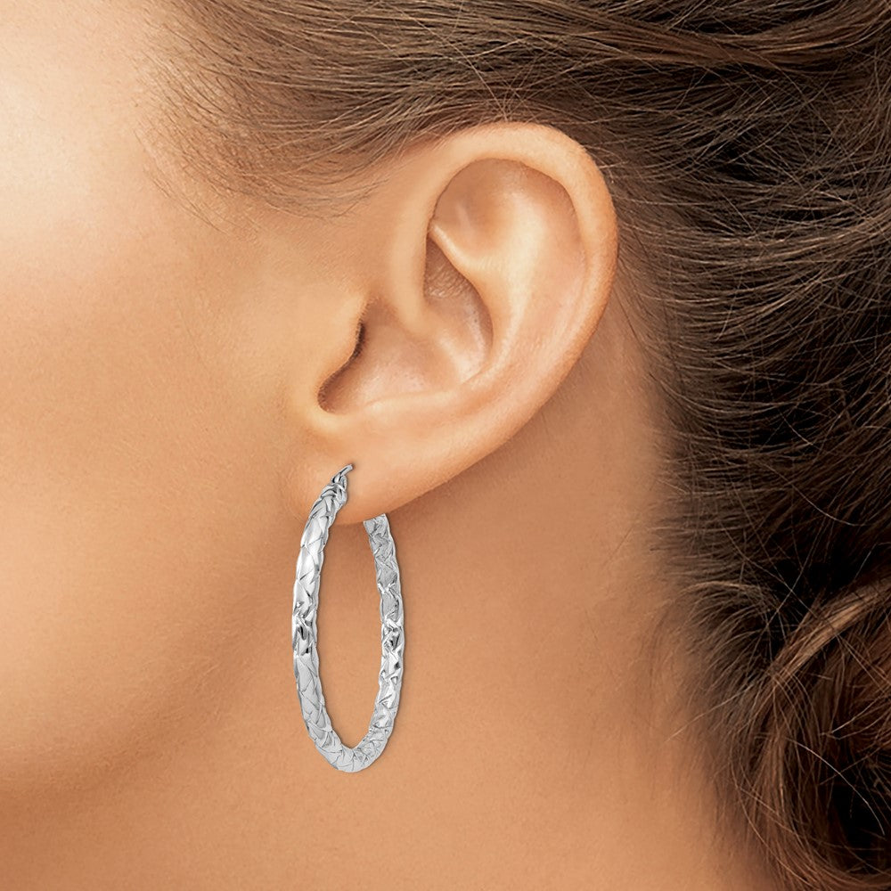 QE11503 Sterling Silver Rhodium-plated Textured 3x35mm Hoop Earrings