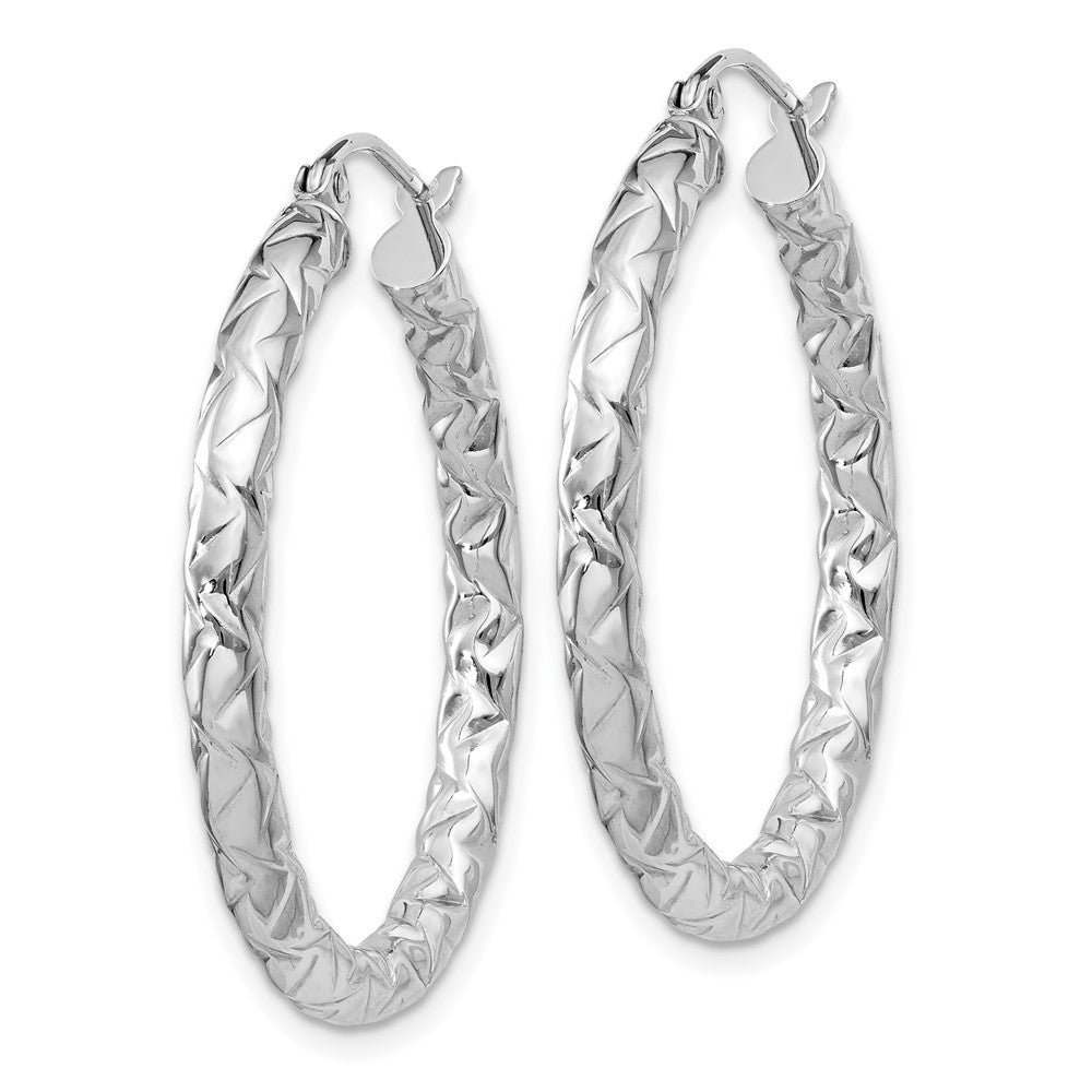 QE11504 Sterling Silver Rhodium-plated Textured 3x30mm Hoop Earrings