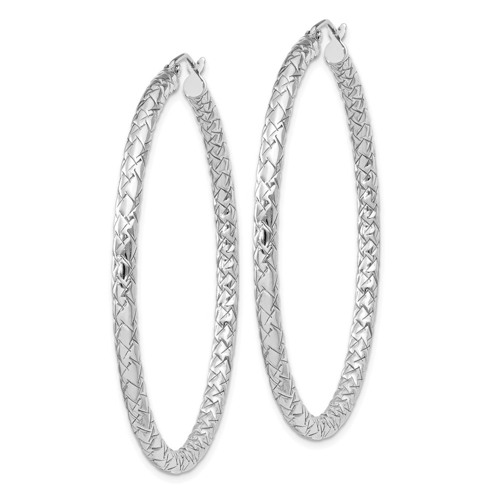 QE11505 Sterling Silver Rhodium-plated Textured 3x50mm Hoop Earrings