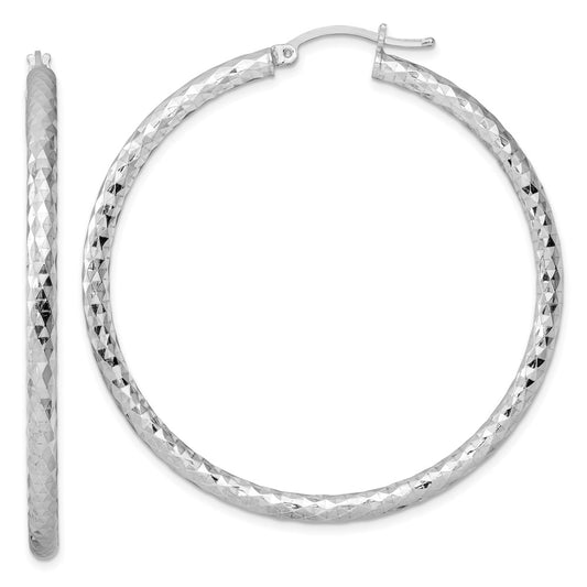 QE11505 Sterling Silver Rhodium-plated Textured 3x50mm Hoop Earrings