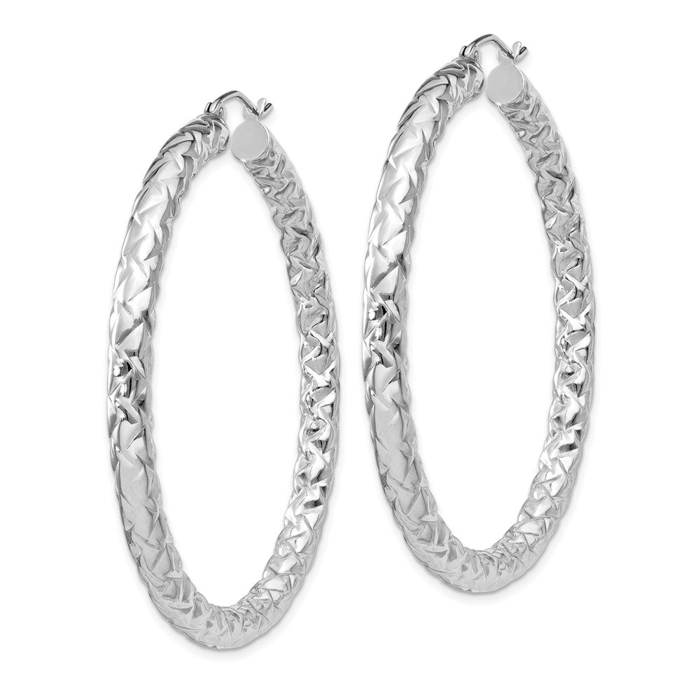 QE11508 Sterling Silver Rhodium-plated Textured 4x50mm Hoop Earrings