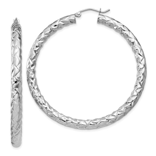 QE11508 Sterling Silver Rhodium-plated Textured 4x50mm Hoop Earrings