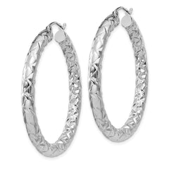 QE11509 Sterling Silver Rhodium-plated Textured 4x40mm Hoop Earrings