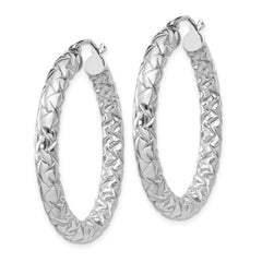 QE11510 Sterling Silver Rhodium-plated Textured 4x35mm Hoop Earrings