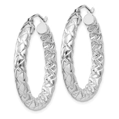 QE11511 Sterling Silver Rhodium-plated Textured 4x30mm Hoop Earrings