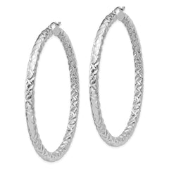 QE11512 Sterling Silver Rhodium-plated Textured 4x60mm Hoop Earrings