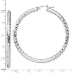 QE11512 Sterling Silver Rhodium-plated Textured 4x60mm Hoop Earrings