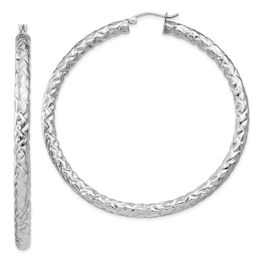 QE11512 Sterling Silver Rhodium-plated Textured 4x60mm Hoop Earrings