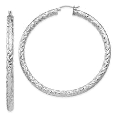 QE11512 Sterling Silver Rhodium-plated Textured 4x60mm Hoop Earrings