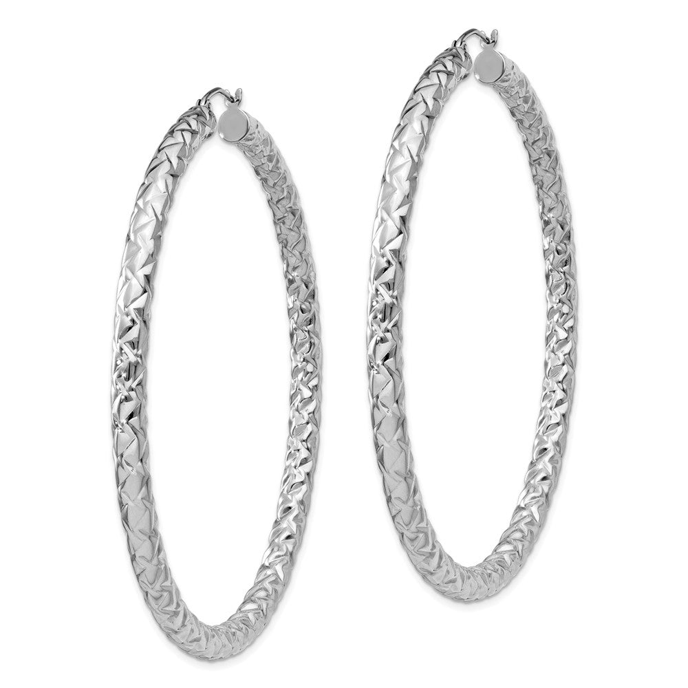 QE11513 Sterling Silver Rhodium-plated Textured 4x65mm Hoop Earrings