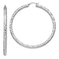 QE11513 Sterling Silver Rhodium-plated Textured 4x65mm Hoop Earrings