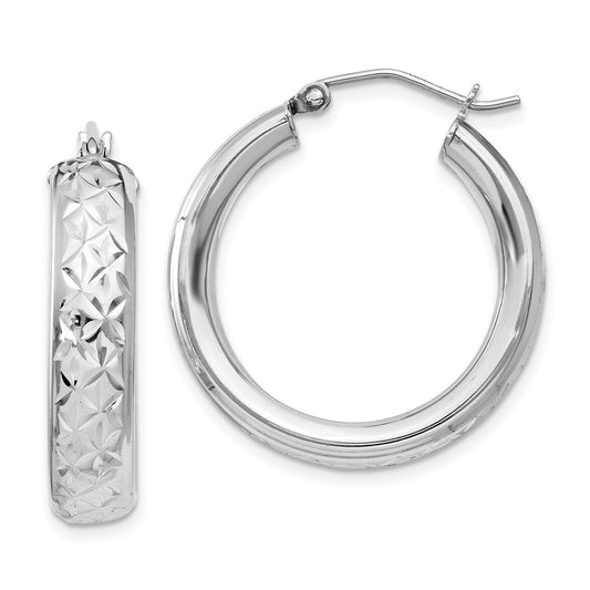 QE11515 Sterling Silver Rhodium-plated Diamond Cut 5mm Hoop Earrings