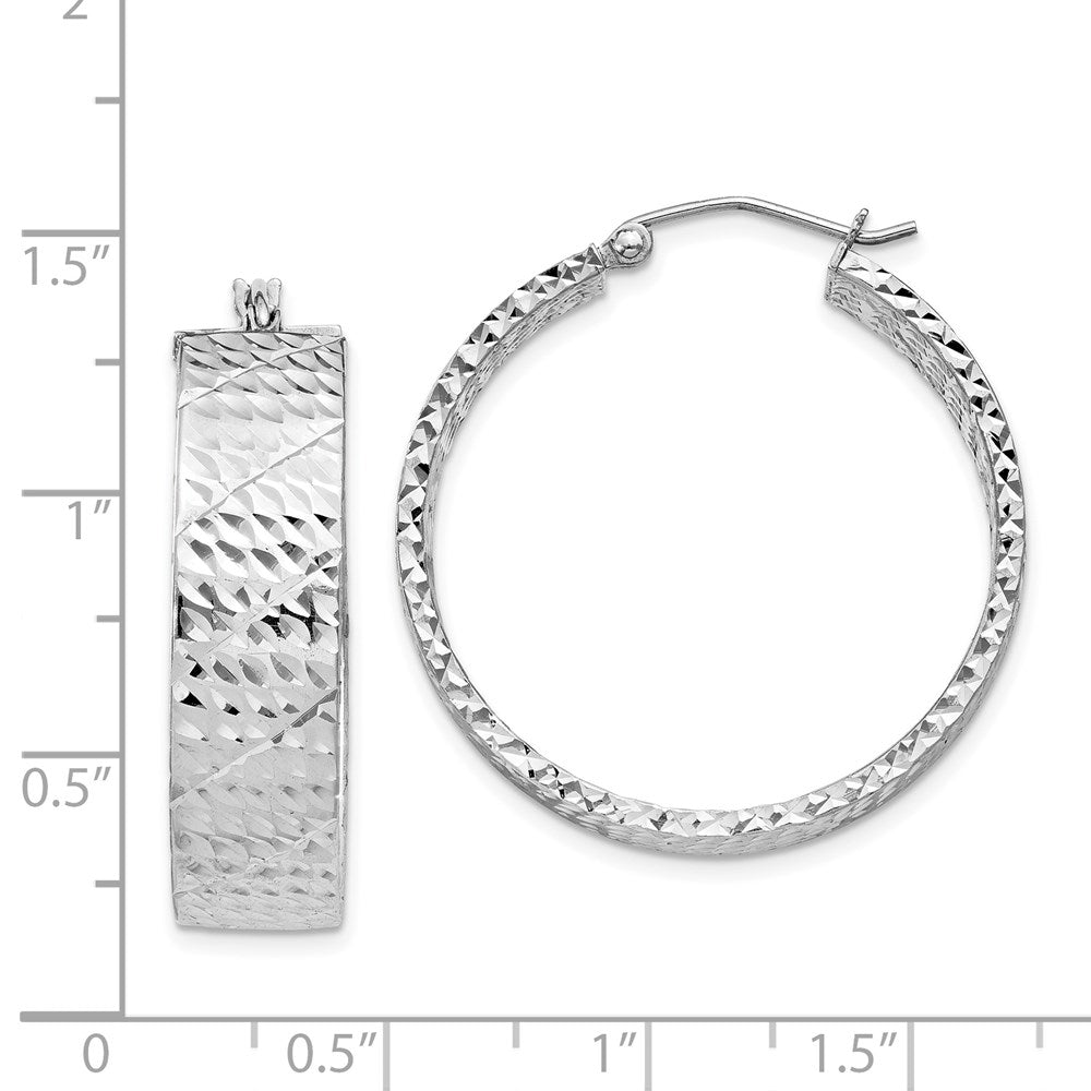 QE11518 Sterling Silver Rhodium-plated Diamond-cut 7.75x30mm Hoop Earrings