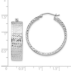QE11518 Sterling Silver Rhodium-plated Diamond-cut 7.75x30mm Hoop Earrings
