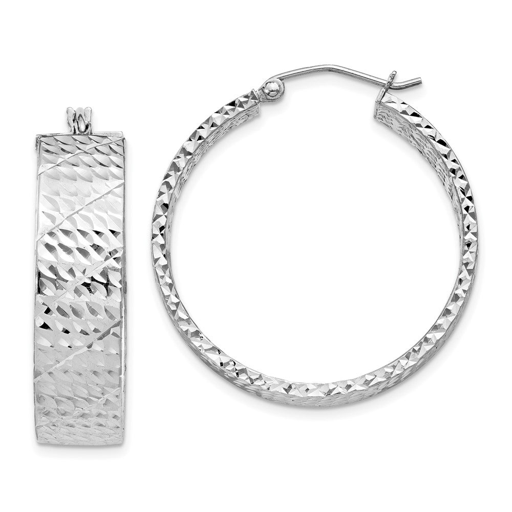 QE11518 Sterling Silver Rhodium-plated Diamond-cut 7.75x30mm Hoop Earrings