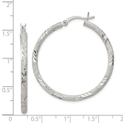 QE11519 Sterling Silver 2.5mm Diamond-cut Laser-cut Hinged Hoop Earrings