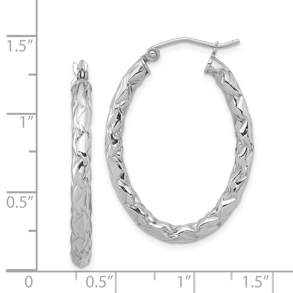QE11582 Sterling Silver RH-plated D/C Textured 3mm Oval Hoop Earrings