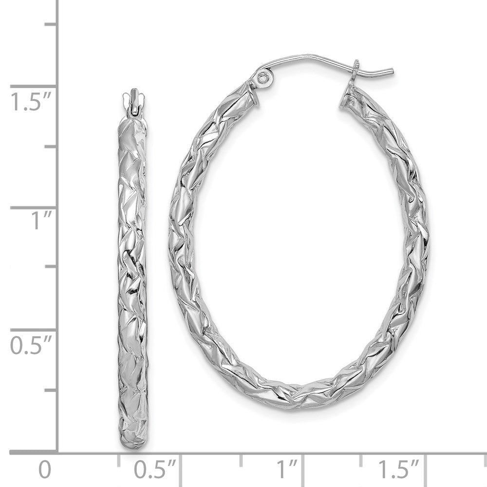 QE11583 Sterling Silver RH-plated D/C Textured 3mm Oval Hoop Earrings