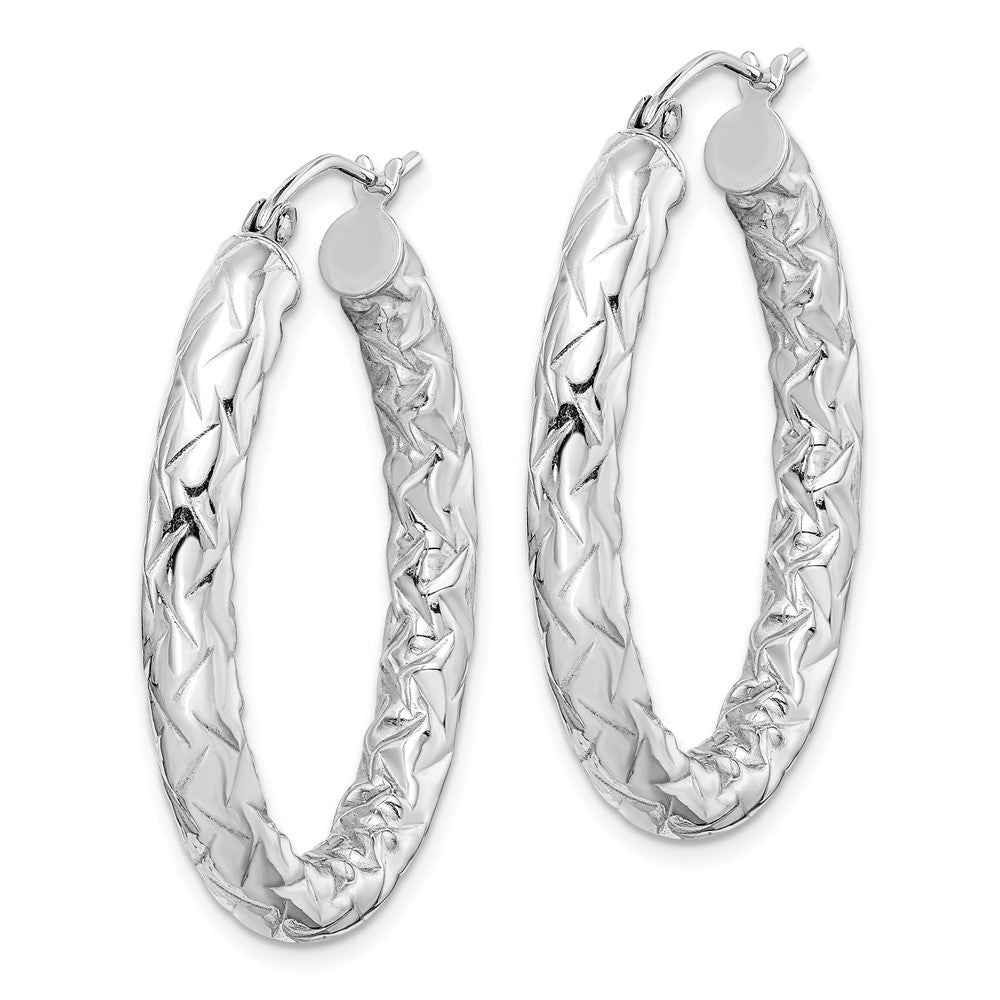 QE11584 Sterling Silver RH-plated D/C Textured 4mm Oval Hoop Earrings