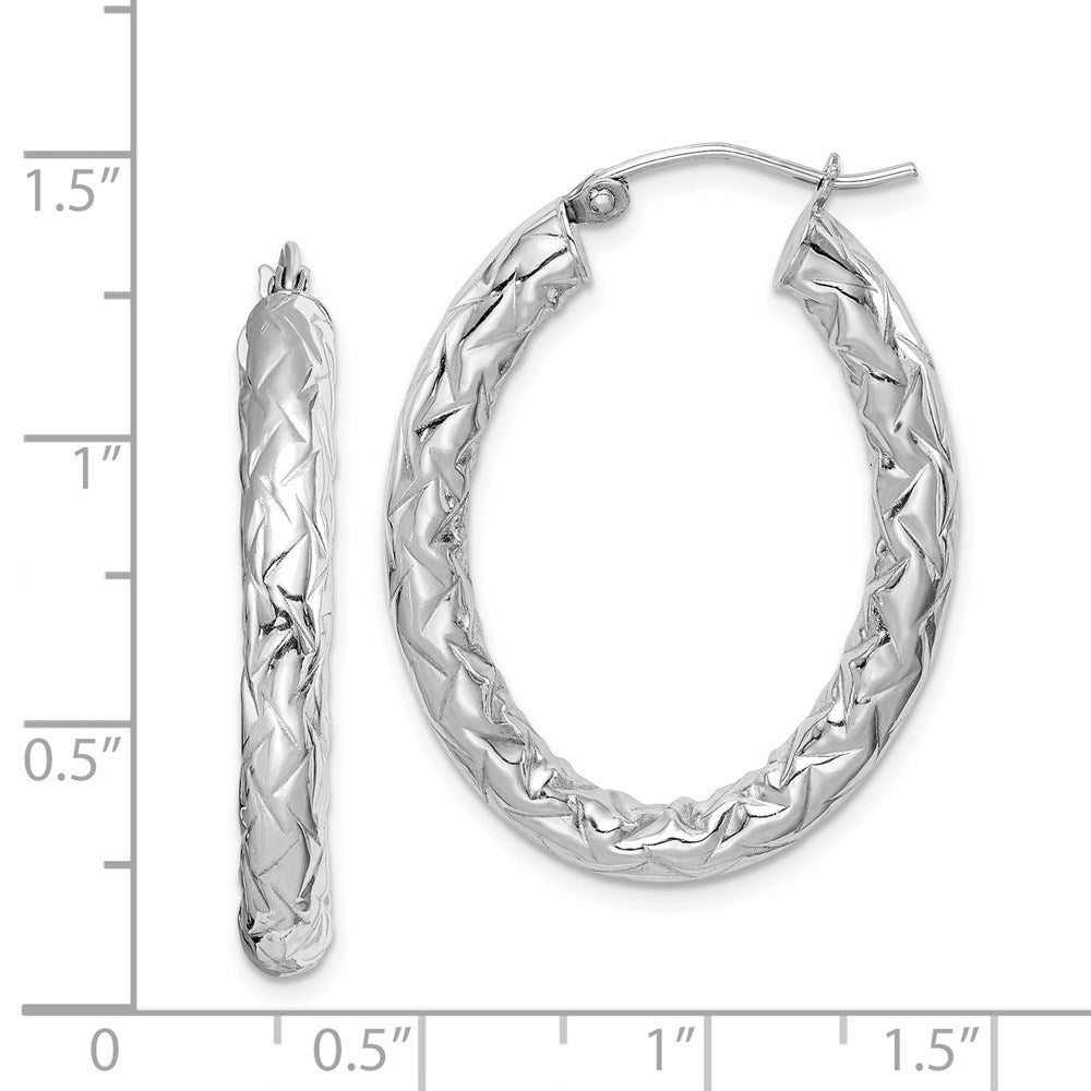 QE11584 Sterling Silver RH-plated D/C Textured 4mm Oval Hoop Earrings