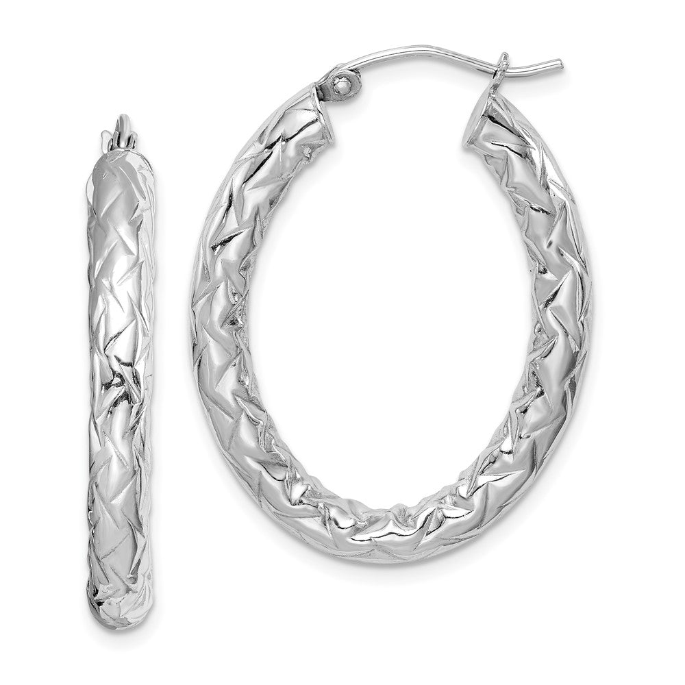 QE11584 Sterling Silver RH-plated D/C Textured 4mm Oval Hoop Earrings