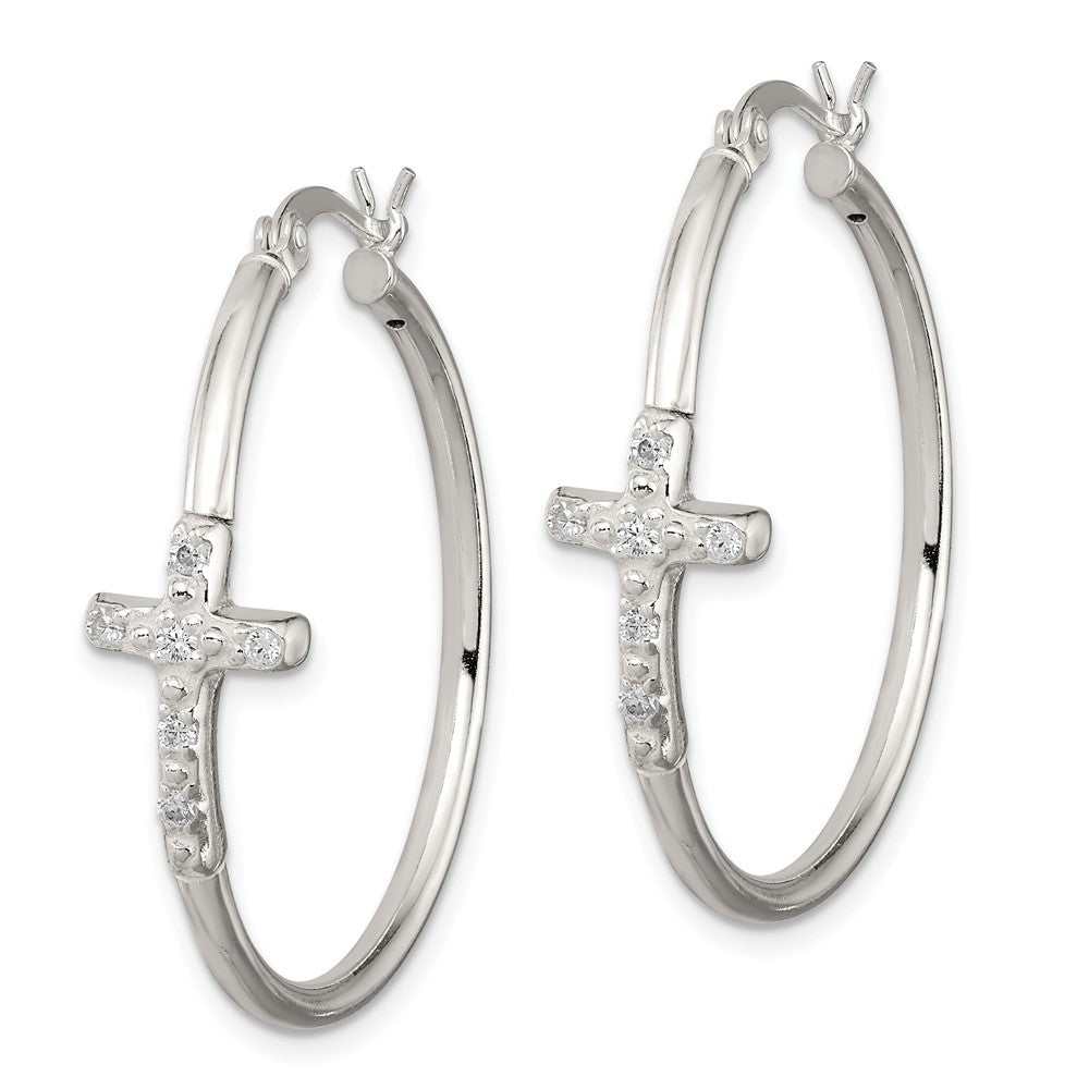 QE11616 Sterling Silver Polished CZ Cross 2.5mm Round Hoop Earrings