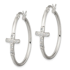 QE11616 Sterling Silver Polished CZ Cross 2.5mm Round Hoop Earrings