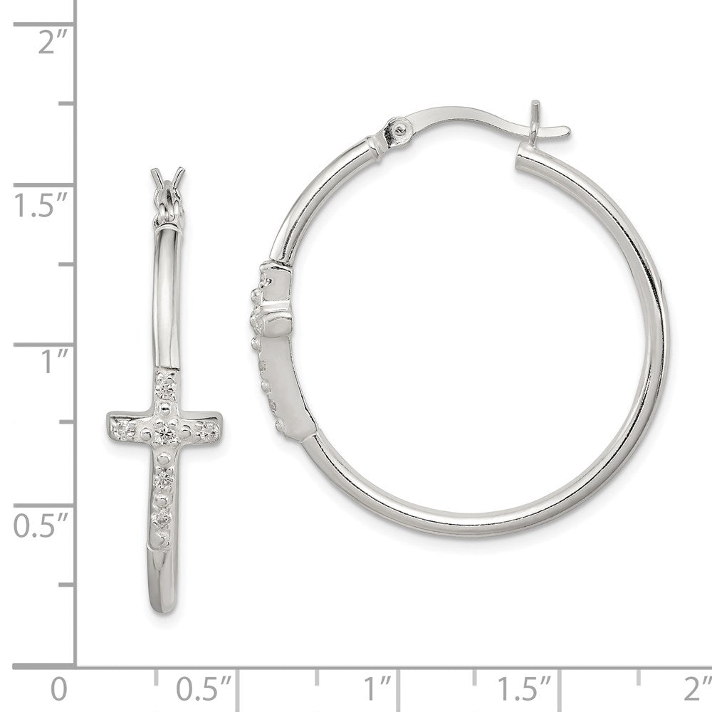 QE11616 Sterling Silver Polished CZ Cross 2.5mm Round Hoop Earrings