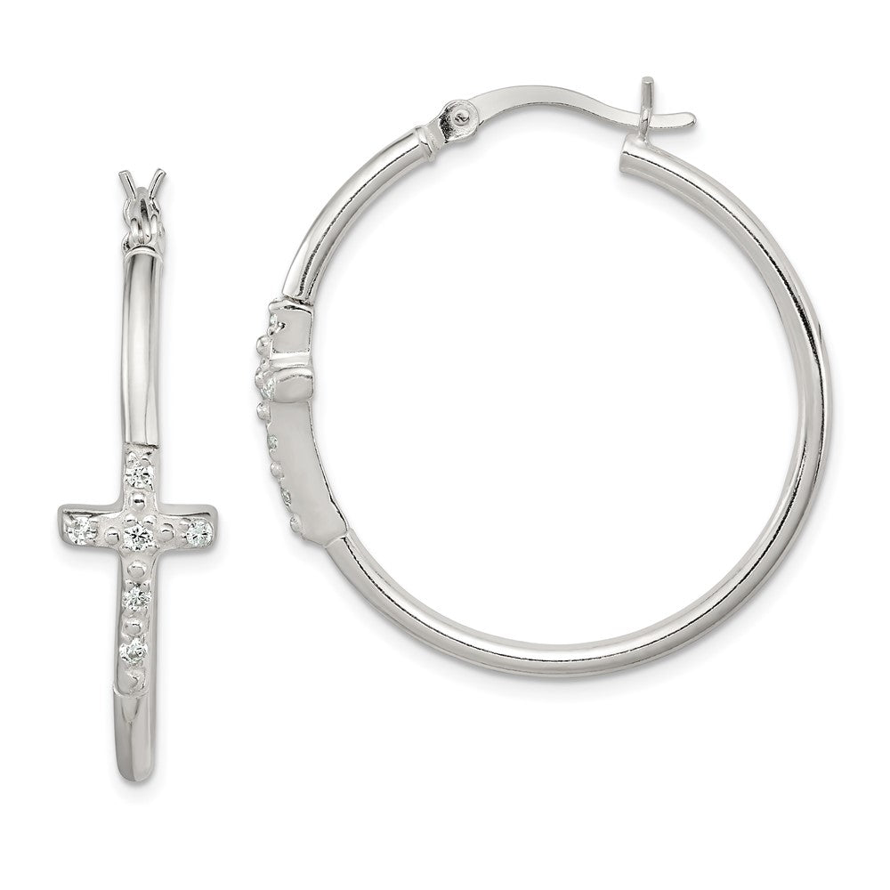 QE11616 Sterling Silver Polished CZ Cross 2.5mm Round Hoop Earrings