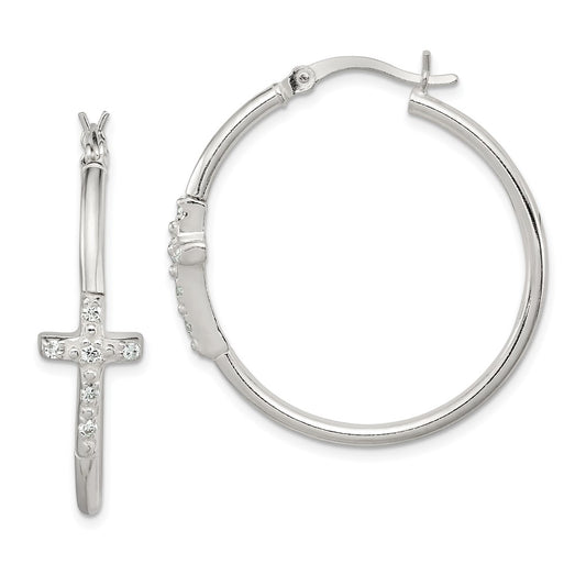 QE11616 Sterling Silver Polished CZ Cross 2.5mm Round Hoop Earrings