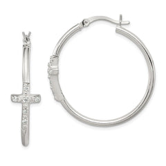 QE11616 Sterling Silver Polished CZ Cross 2.5mm Round Hoop Earrings