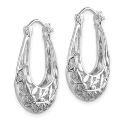 QE11647 Sterling Silver Rhodium-plated Polished Leaves Oval Hoop Earrings